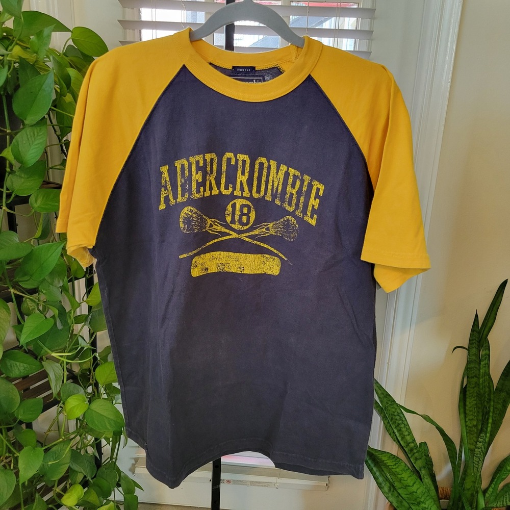 Abercrombie & Fitch Mens XL Muscle Raglan Lacrosse T-Shirt Navy Yellow Graphic